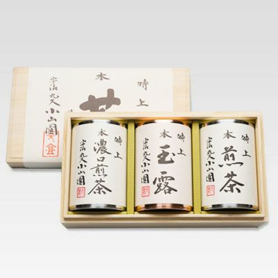 【丸久小山園】お取り寄せ商品<br>開化堂製オリジナル手づくり缶詰合せ<br>（特選・特上・極上）宇治茶桐箱入り<br>玉露50g・煎茶80g・濃口煎茶80g<br>開化堂製の手作り茶筒入り