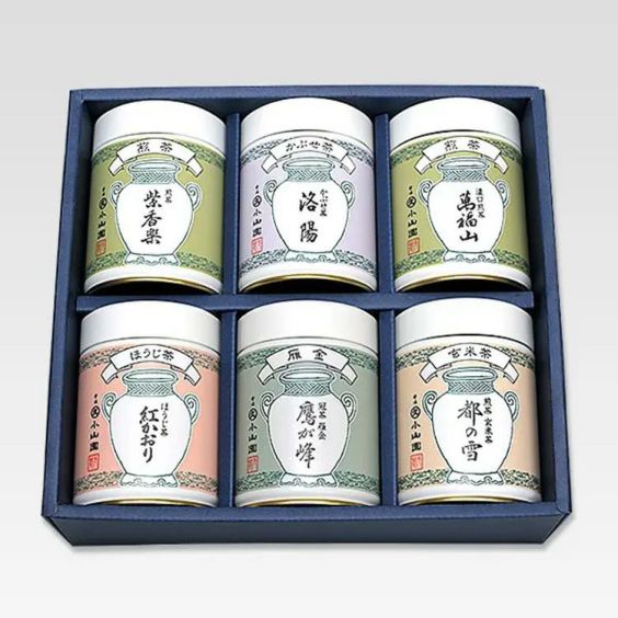 【丸久小山園】お取り寄せ商品<br>宇治茶詰合せ<br>濃口煎茶 萬福山 100g缶 / 煎茶 紫香楽 100g缶 / かぶせ茶 洛陽 90g缶 / かぶせ茶雁金 鷹が峰 90g缶 / 玄米茶 都の雪 100g缶 / ほうじ茶 紅かおり 40g缶